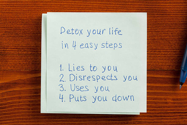 istock Detox your life in 4 easy steps written on note 612396142