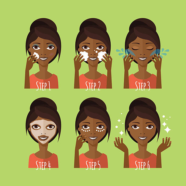 스킨 케어 컨셉. 젊은 흑인 여성 청소 얼굴 - cosmetics beauty treatment moisturizer spa treatment stock illustrations
