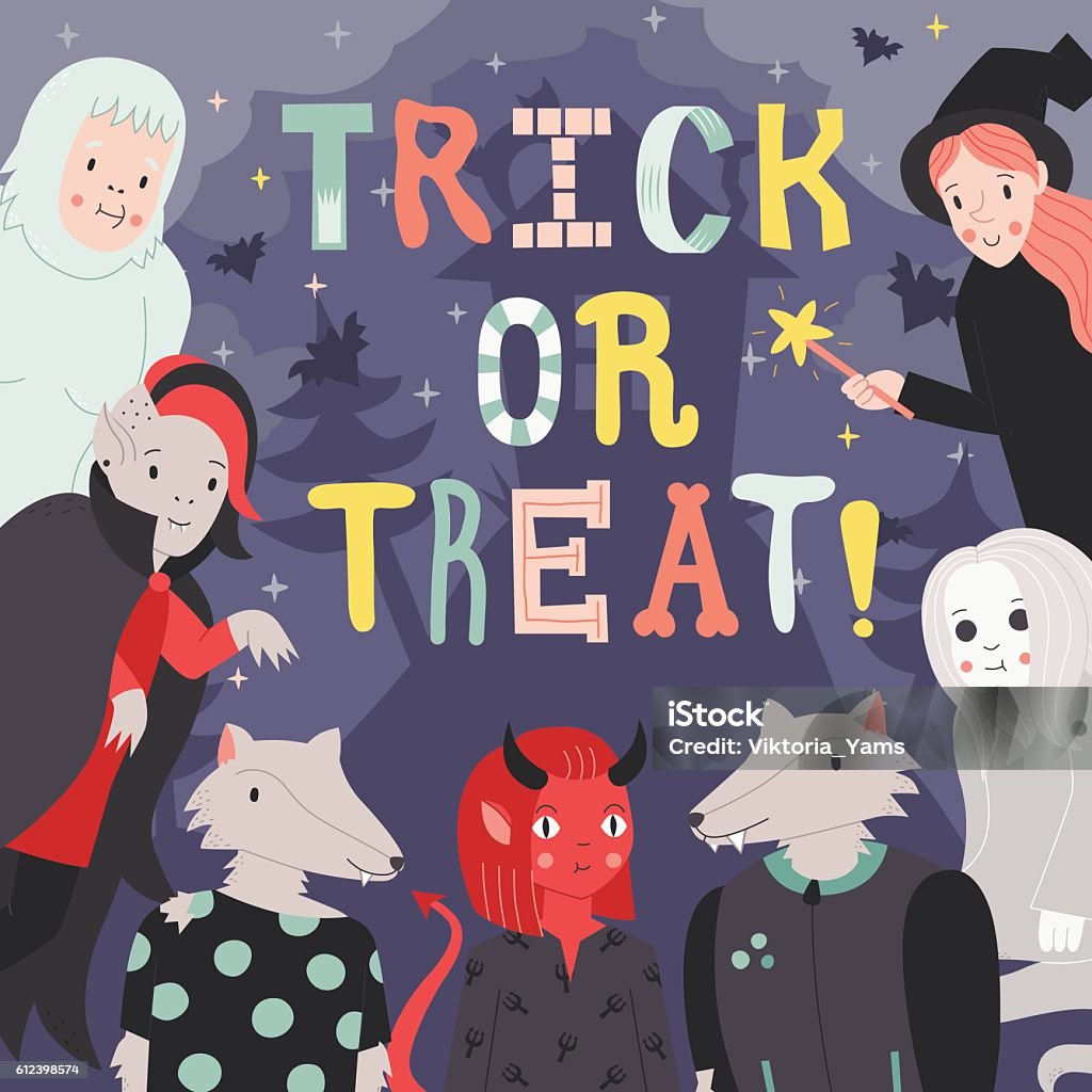 Trick or treat Halloween illustration with monsters. Part one. Trick or treat Halloween illustration with cartoon letters, monsters and scary house. Part one. Animal stock vector