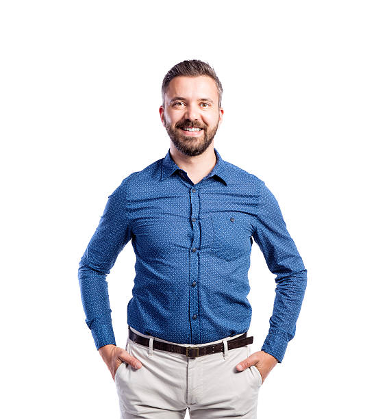 istock Hipster man in blue shirt, studio shot, isolated 612398618