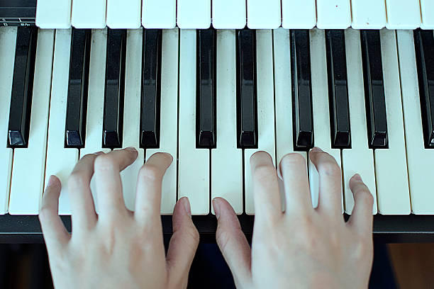 istock Selective focus girl hands playing piano 612398654
