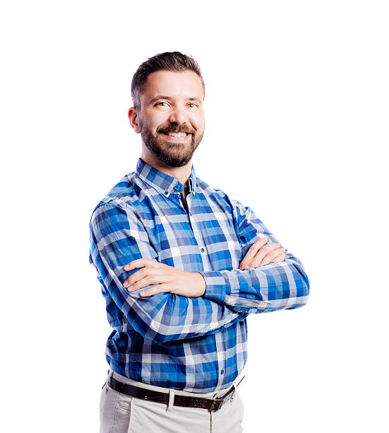 istock Hipster man in checked blue shirt, studio shot, isolated 612398670