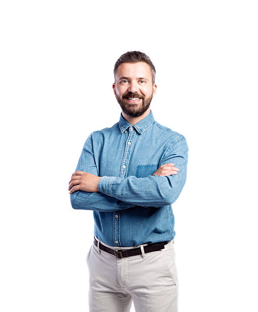 istock Hipster man in blue denim shirt, studio shot, isolated 612398860