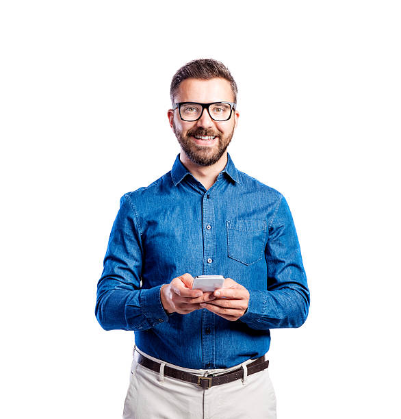 Hipster man in blue denim shirt, studio shot, isolated