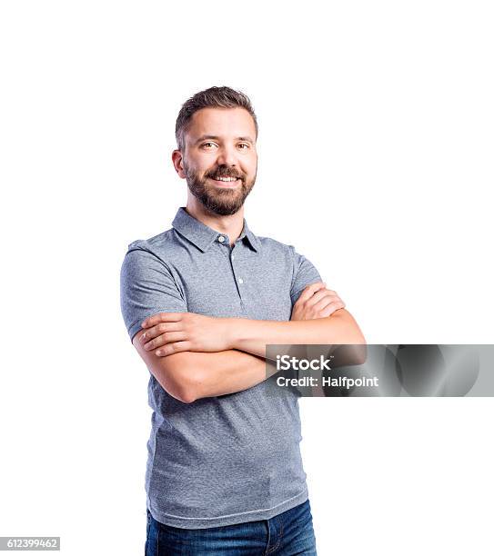 Hipster Man In Gray Tshirt Studio Shot Isolated Stock Photo - Download Image Now - Men, White Background, Cut Out