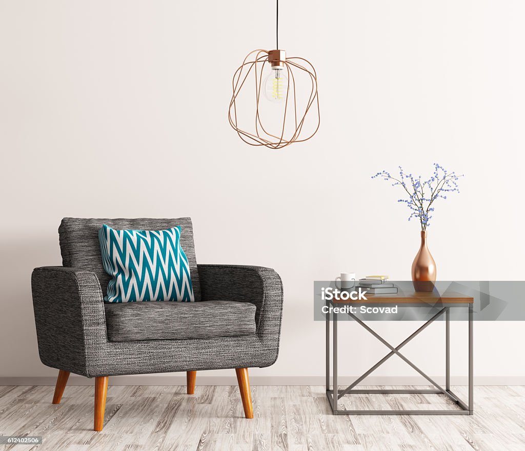 Interior con sillón y mesa de centro 3d renderizado - Foto de stock de Mesa - Mueble libre de derechos