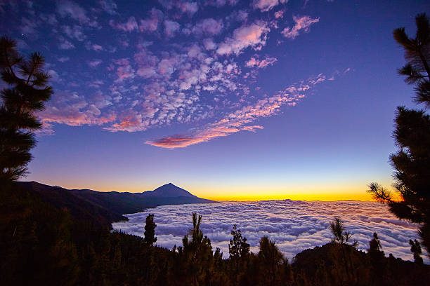 Teide Volcano in Tenerife during sunset. And Sea Cloud over San Cristóbal de la Laguna. Ligth in the city make an strange effect in the clouds. 