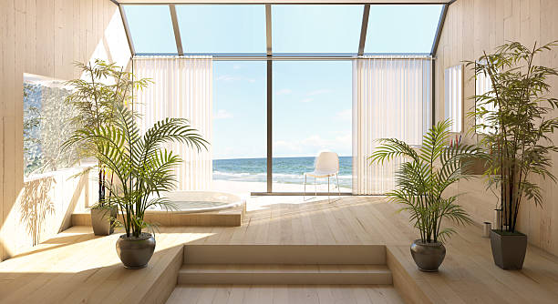 beach house interior at seashore - hotel room contemporary summer sea stock-fotos und bilder
