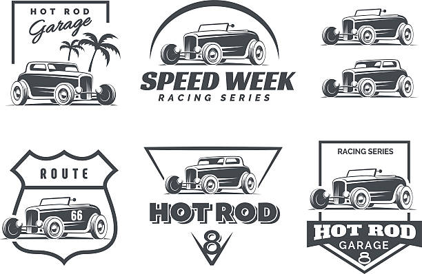 ilustraciones, imágenes clip art, dibujos animados e iconos de stock de conjunto de emblemas e iconos de insignias hot rod. - bólido