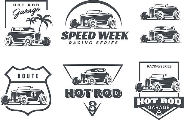 Set of Hot Rod badges emblems and icons. Set of Hot Rod badges, emblems and icons. Roadster and coupe hot rod illustration isolated on white background. hot rod car stock illustrations