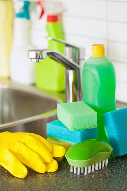 istock cleaning items household kitchen brush sponge glove 612407488