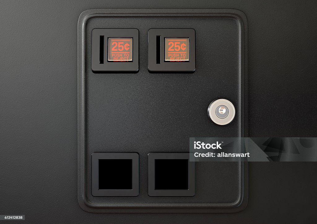 Arcade Machine Coin Slot Panel A 3D render of a closeup of a coin slot panel from a vintage arcade game machine with entry and exit slots and perspex button on an isolated background Amusement Arcade Stock Photo