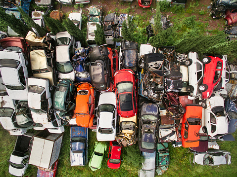 Aerial view of cars in junkyard