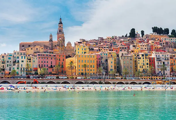 colorful houses and beach of Menton old town, France