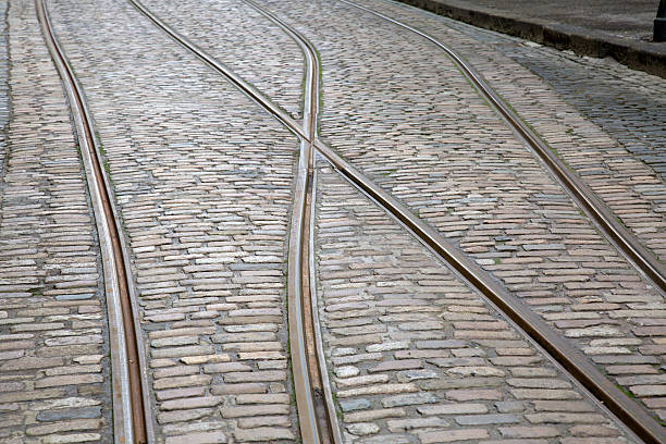 istock Tram Tracks on Cobble Stone Street 612478084