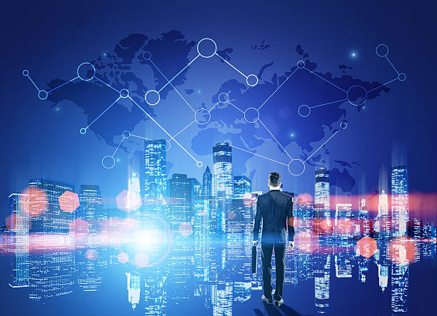 istock Businessman in blue city 612479434