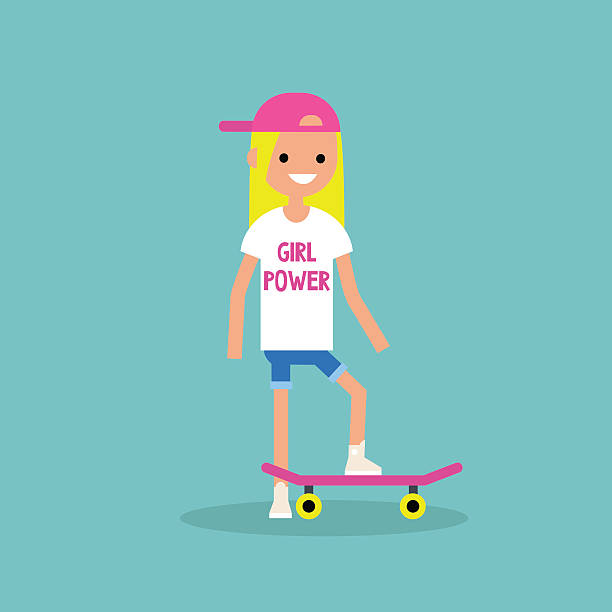 Millennial skater girl wearing t-shirt with Girl power sign Flat editable vector illustration skater girl stock illustrations