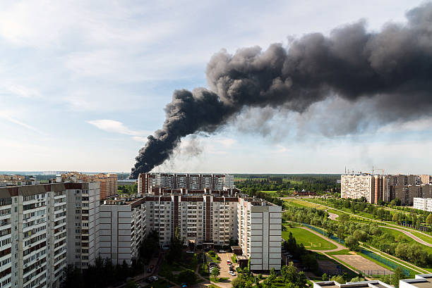 Black smoke from a major fire in Moscow, Russia stock photo