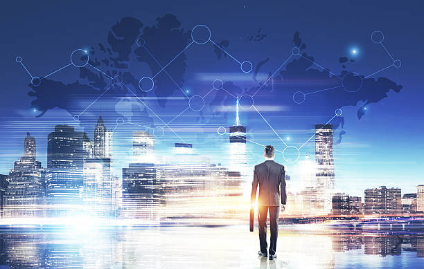 istock Businessman in blue city with world map 612483686