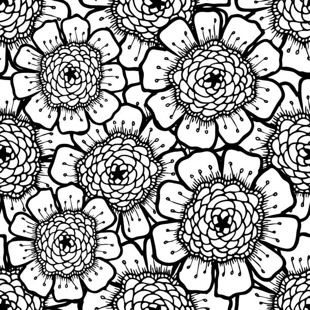 illustrations, cliparts, dessins animés et icônes de motif floral orné avec des fleurs. doodle sharpie fond. noir et - sharpie