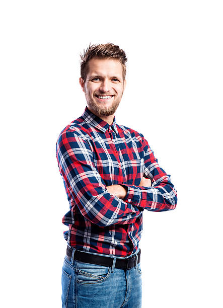 istock Hipster man in jeans and shirt, studio shot, isolated 612485164
