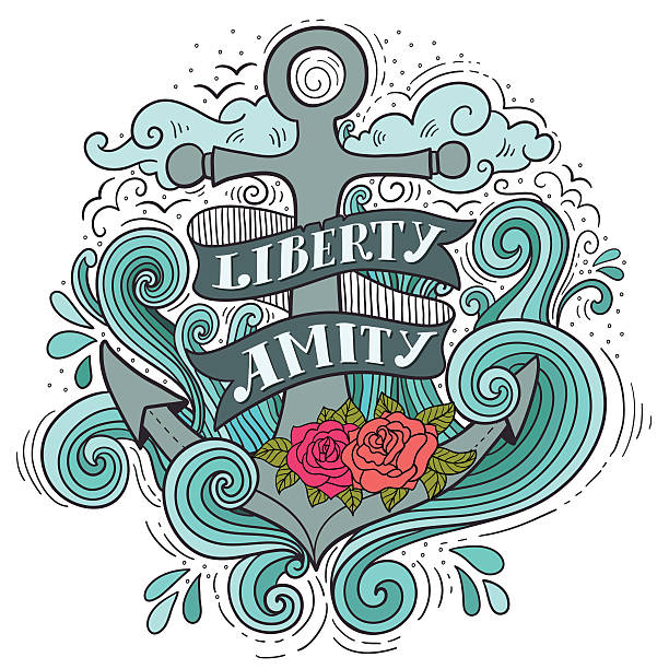 Liberty and Amity. Hand drawn nautical vintage anchor print Liberty and Amity. Hand drawn nautical vintage label with an anchor, roses, lettering, clouds and waves. This illustration can be used as a print on T-shirts and bags or a tattoo. cursive letters tattoos silhouette stock illustrations