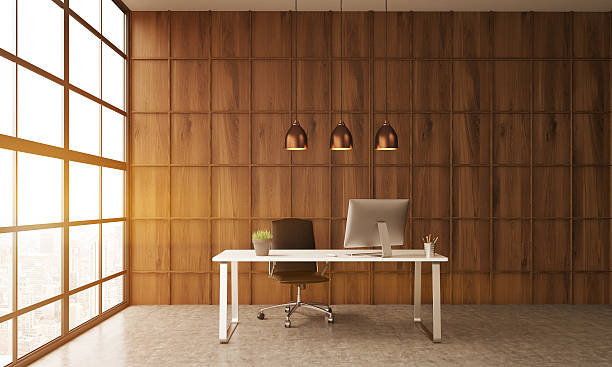 istock Office table in room with wooden wall 612486236