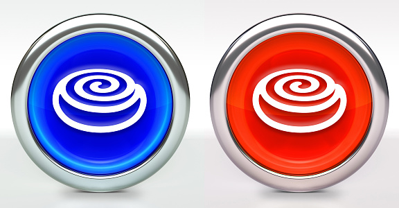 Cinnamon Bun Icon on Button with Metallic Rim. The icon comes in two versions blue and red and has a shiny metallic rim. The buttons have a slight shadow and are on a white background. The modern look of the buttons is very clean and will work perfectly for websites and mobile aps.