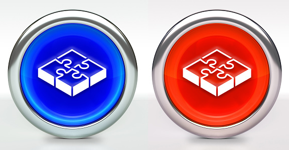 Puzzle Icon on Button with Metallic Rim. The icon comes in two versions blue and red and has a shiny metallic rim. The buttons have a slight shadow and are on a white background. The modern look of the buttons is very clean and will work perfectly for websites and mobile aps.