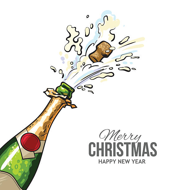 ilustrações, clipart, desenhos animados e ícones de cartão de saudação de natal com rolha saindo da garrafa de champanhe - white background wine bottle isolated on white champagne