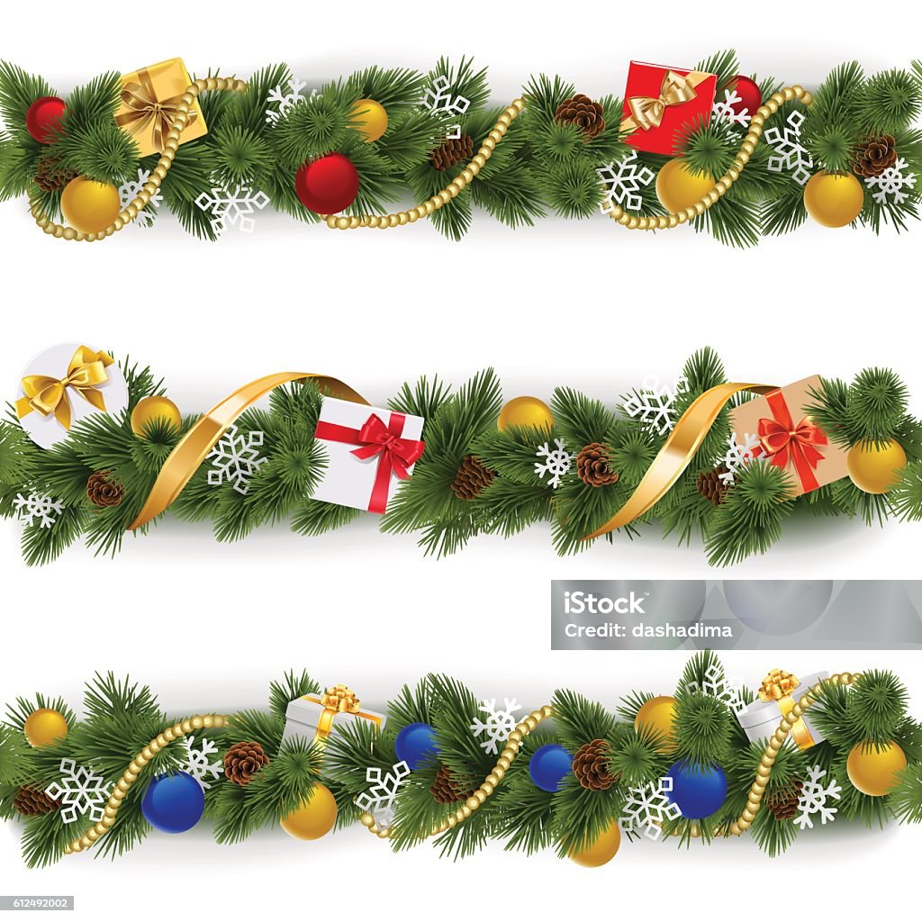 Vector Christmas Border Set 5 Vector Christmas fir borders decorated with golden beads and ribbon, baubles, pinecones, snowflakes and gifts, isolated on white background Christmas stock vector