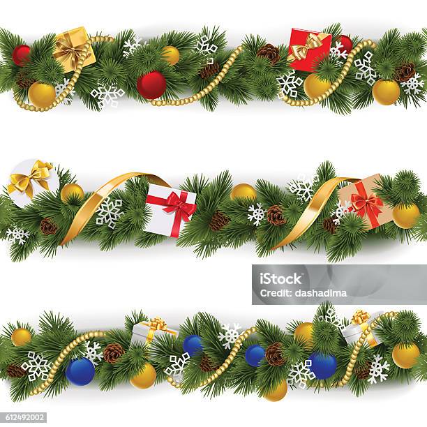 Vector Christmas Border Set 5 Stock Illustration - Download Image Now - Christmas, Garland - Decoration, Floral Garland