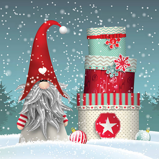 bildbanksillustrationer, clip art samt tecknat material och ikoner med scandinavian christmas traditional gnome, tomte, with stack of colorful gift - skog sverige