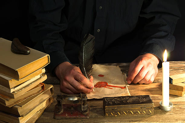 istock Man writing a letter with quill and sealing. Vintage 612493686