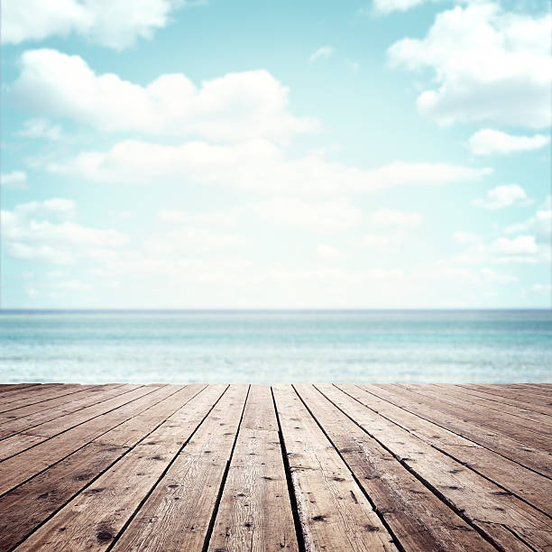 Summer vacation background Summer vacation background wooden plank boardwalk with sea and blue sky copy space boardwalk stock pictures, royalty-free photos & images