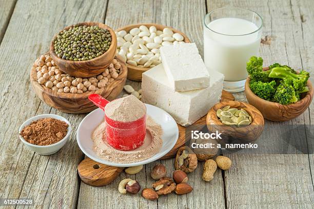 Selection Vegan Protein Sources On Wood Background Stock Photo - Download Image Now - Protein, Nut - Food, Bean