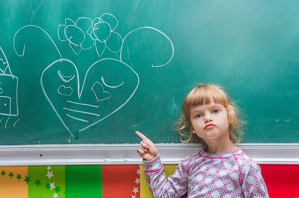 istock little girl draw on the blackboard, chalk 612501864