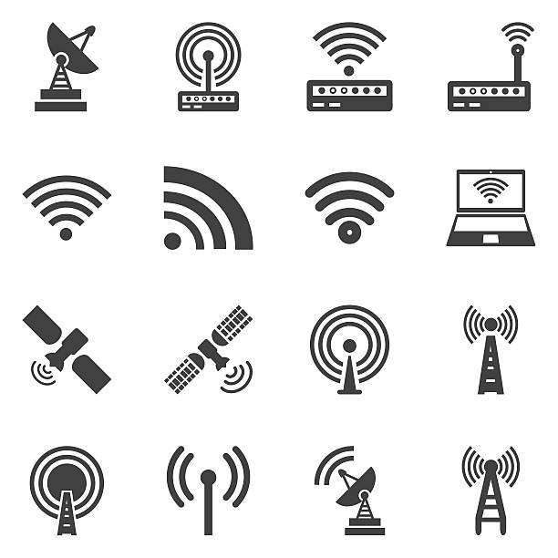 wektorowe ikony zestaw bezprzewodowy - antena satelitarna stock illustrations