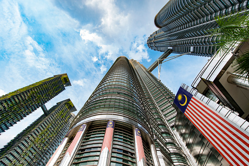 Twin towers exterior in Kuala Lumpur, Malaysia.