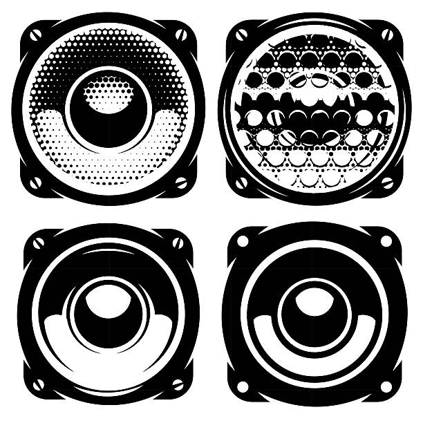 illustrations, cliparts, dessins animés et icônes de modèles d’affiches ou de badges avec haut-parleurs acoustiques monochromes - power supply audio