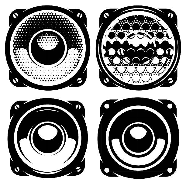 шаблоны для плакатов или значков с монохромными акустическими динамиками - clip art audio stock illustrations