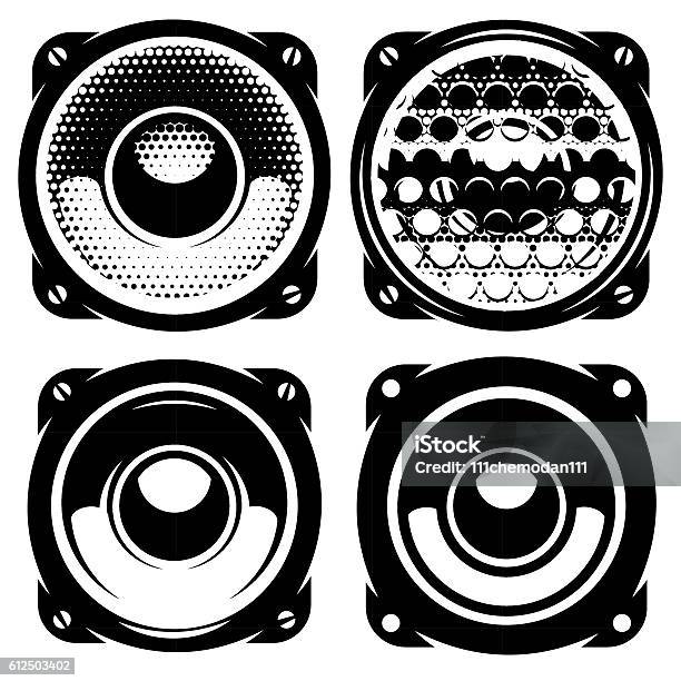 Templates For Posters Or Badges With Monochrome Acoustic Speakers Stock Illustration - Download Image Now