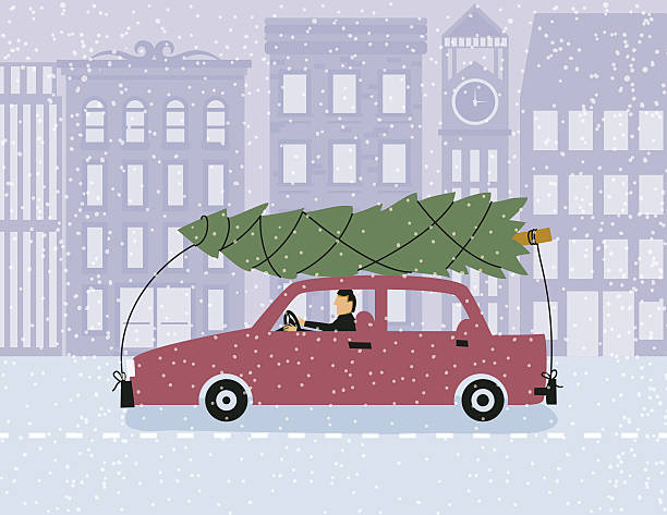 автомобиль с рождественская елка на город из белоснежного - snow bound stock illustrations