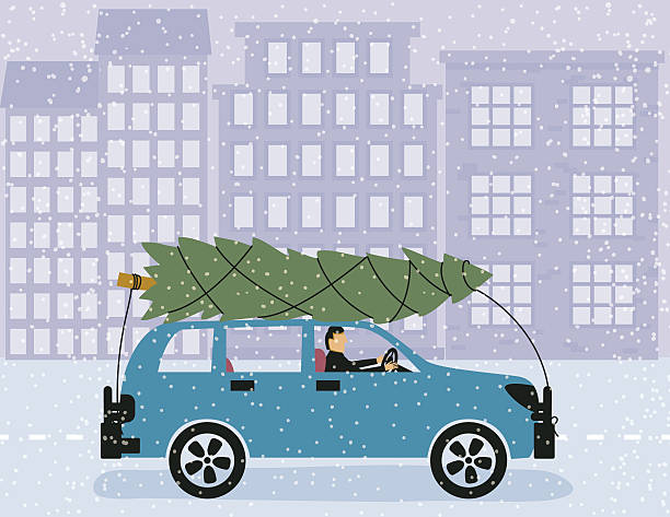 illustrazioni stock, clip art, cartoni animati e icone di tendenza di auto con albero di natale in alto in una città innevata - snow bound