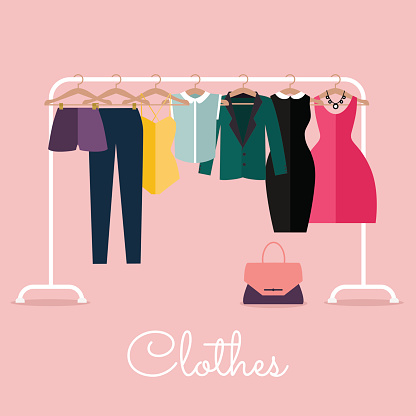 Racks with clothes on hangers. Flat design style modern