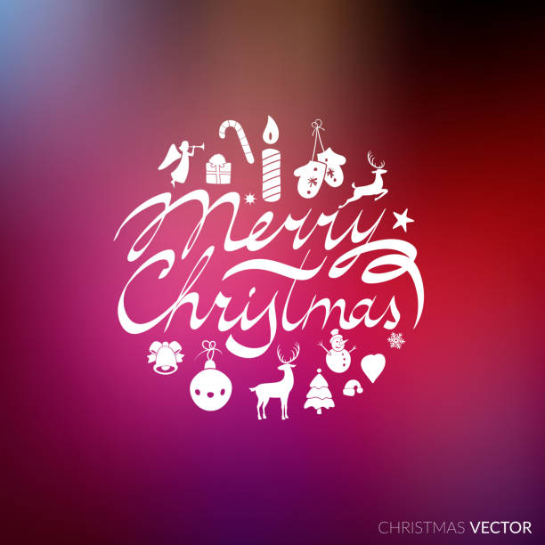 Merry Christmas lettering typography. Text design in handwriting Merry Christmas lettering typography. Text design in handwriting style with holiday icons - bell, deer, Christmas tree. Happy New Year greeting card decoration on purple mesh. Vector. handwriting font not script stock illustrations