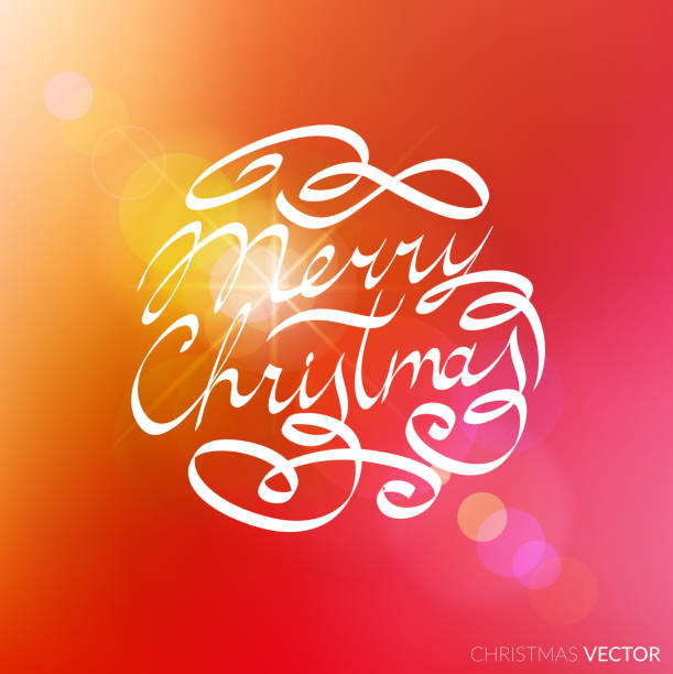 Merry Christmas lettering typography. Text design in handwriting Merry Christmas lettering typography. Text design in handwriting style with ornament soft lines. Happy New Year greeting card decoration on red blurred background for celebrating, festival. Vector. handwriting font not script stock illustrations