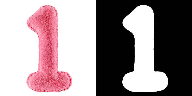 Number 1. Hand made toy from pink felt. Set of numbers from colorful felt isolated on white and alpha mask