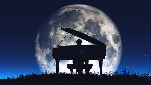 Silhouette of a  man playing the piano Silhouette of a  man playing piano in the middle of the night with the huge moon in background. This is a 3d render illustration piano stock pictures, royalty-free photos & images