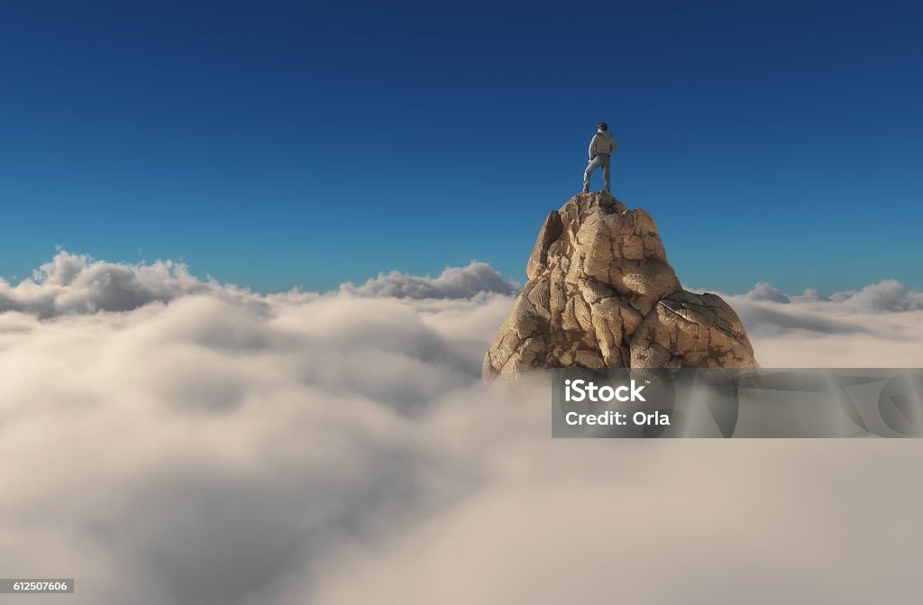 Man standing on a stone cliff A man standing on a stone cliff over the clouds .Success concept. This is a 3d render illustration Mountain Stock Photo